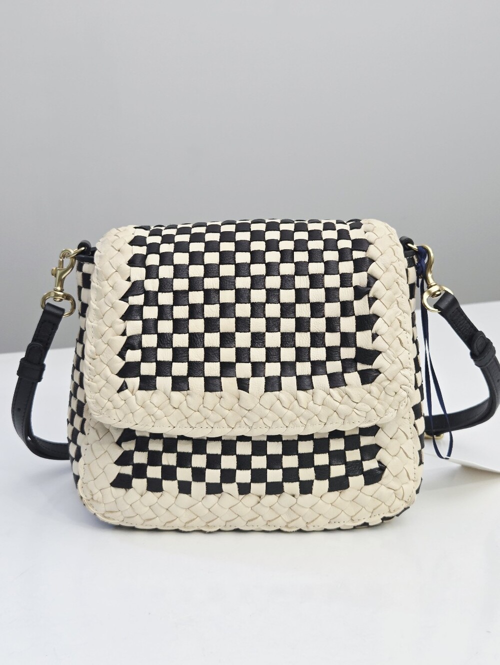 NWT CLARE V LOUIS BORDER WOVEN CHECKER BAG - CREAM/BLACK